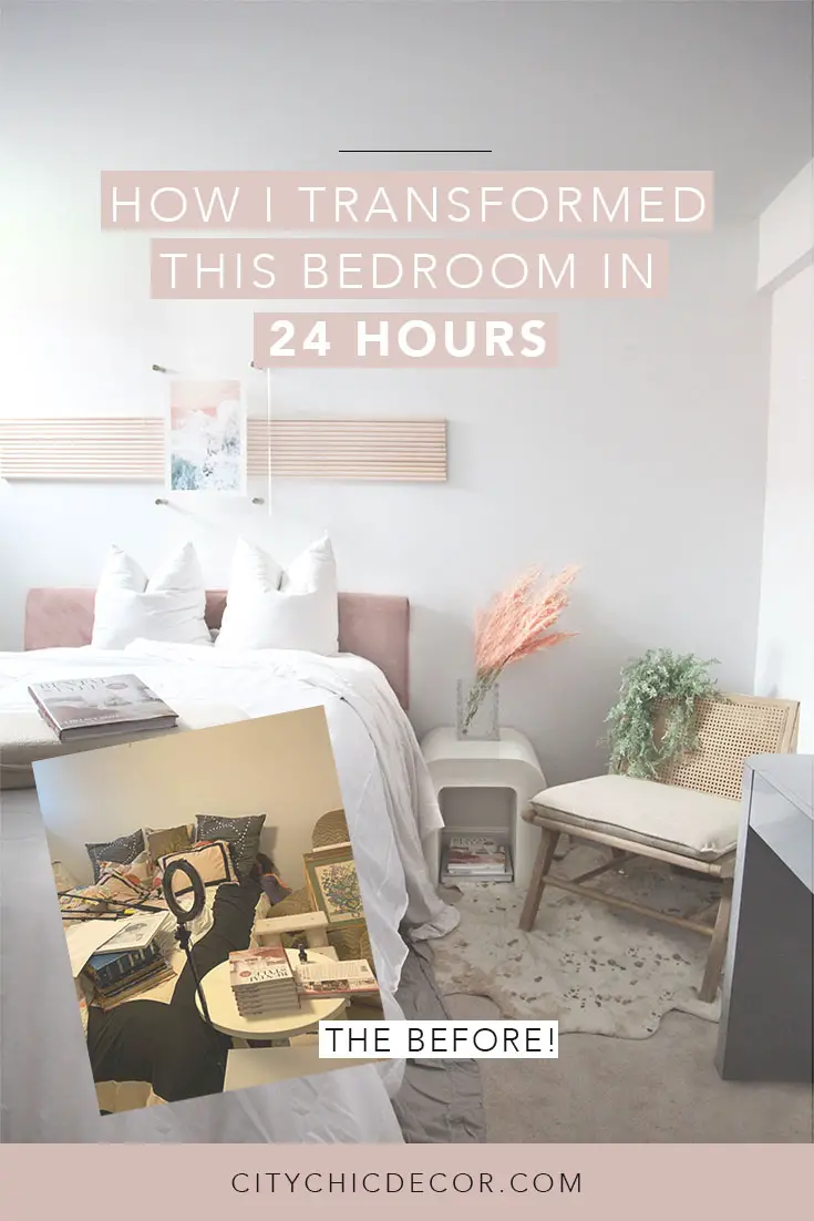 Learn how to turn your bedroom into a sanctuary you'll never want to leave. I transformed this bedroom on a budget and fast / quickly within 24 hours. In just one day, I took a messy room and turned it into an Art Deco bedroom with blush details and an airy feel. Learn how I did it with my easy tutorial! Oh, and I also created cool dowel art! #smallbedroomideas #bedroomideas #bedroomdecor #rentalhomedecoratingdiy Learn how to turn your bedroom into a sanctuary you'll never want to leave. I transformed this bedroom on a budget and fast / quickly within 24 hours. In just one day, I took a messy room and turned it into an Art Deco bedroom with blush details and an airy feel. Learn how I did it with my easy tutorial! Oh, and I also created cool dowel art! #smallbedroomideas #bedroomideas #bedroomdecor #rentalhomedecoratingdiy